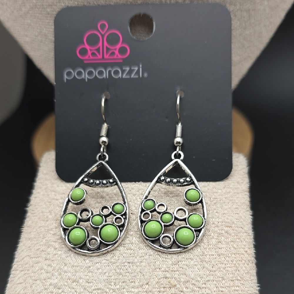 Paparazzi Silver Earrings with Green Accents (2233)